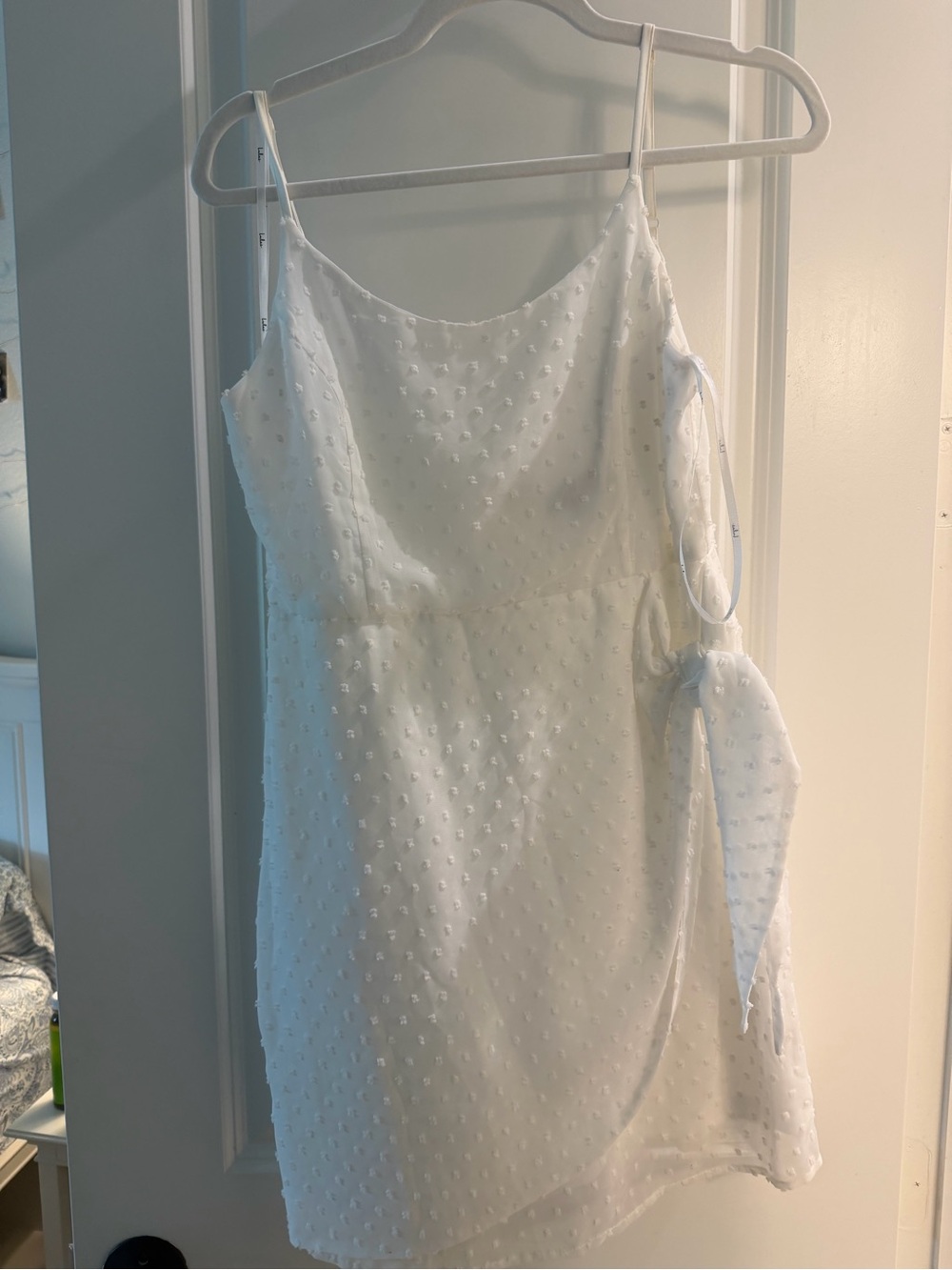 Lulu's White Swiss Dot Mini Wrap-Effect Spaghetti Strap Dress